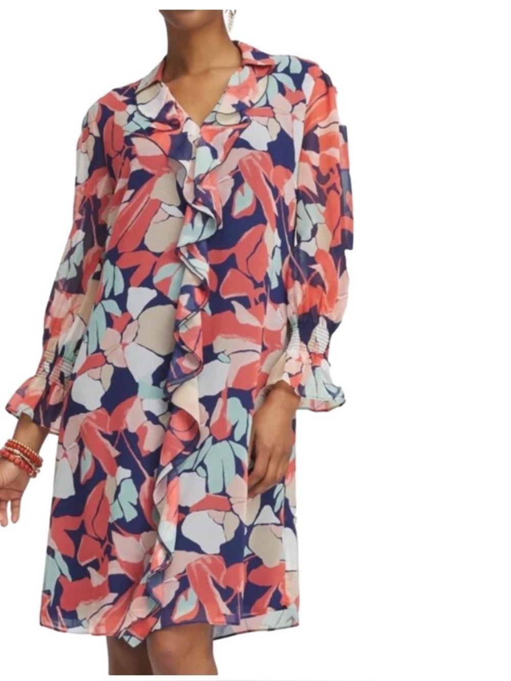 Chicos Floral Ruffle Shift Dress in Navy, Coral & Mint Sz 2 NWT
